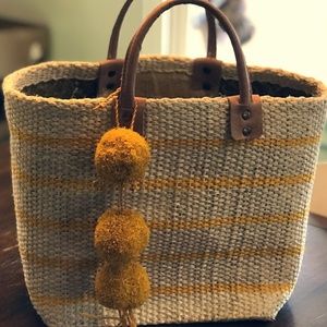 Mar y Sol Straw Beach bag w/ Yellow Stripes & Poms